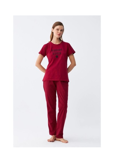 İkikareshop Kadın Bordo Kalp Desenli Kısa Kollu Penye Pijama Takımı Çok Renkli