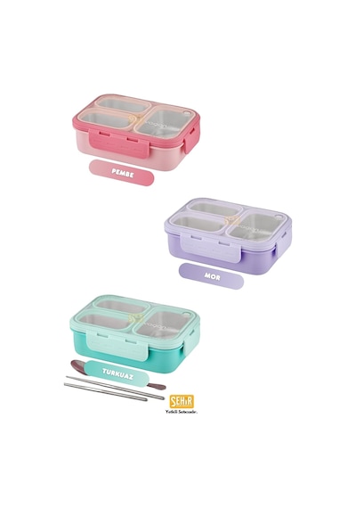 Vagonlife Bento 620ml Lunchbox Tek Katlı 3 Bölmeli Çelik Sefer Tası Yemek Kutusu Turkuaz Çok Renkli