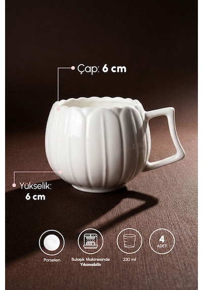 Pure Ivory 4'lü Saf Beyaz Porselen 230 Ml Kupa Seti Beyaz Beyaz