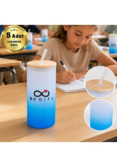 Logonuza Özel 5 Adet Pipetli Cam Matara 600 Ml Ahşap Kapaklı Kurumsal Suluk Mavi