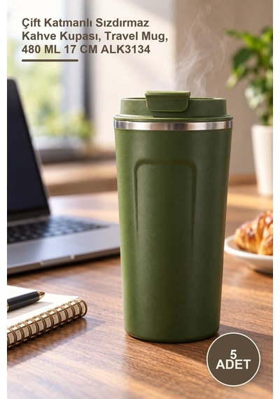 5 Adet Paslanmaz Çelik Termos Mug Çift Katmanlı Sızdırmaz Kahve Kupası, Travel Mug, 480 Ml 17 Cm Alk3134