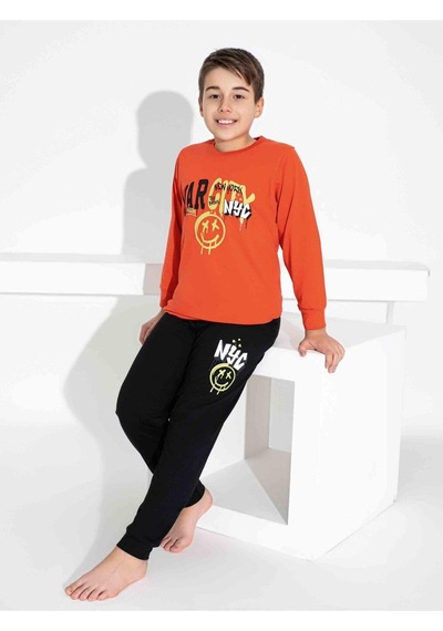 Tarık Erkek Çocuk Desenli Uzun Kollu Pijama Takımı-920 Turuncu