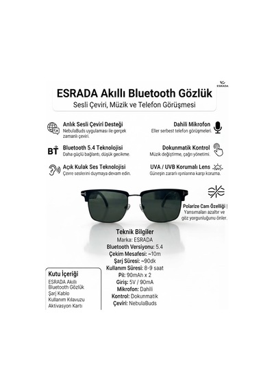 Esrada Akıllı Bluetooth Gözlük Sesli Çeviri Özellikli Mikrofonlu Uv400 Polarize Güneş Gözlüğü Es255 C01 55-18-140