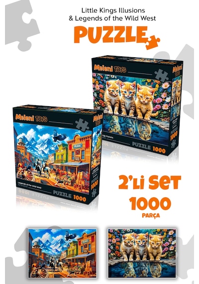 2 Adet 1000 Parça Puzzle - Aslan Kral Kedi Ve Vahşi Batı Kasabası Yapboz 68x48 Cm