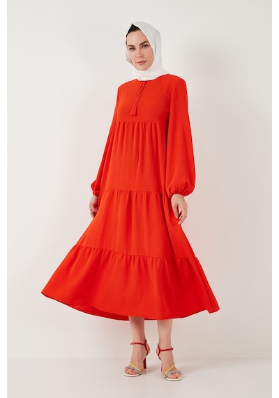 Lela Modest Regular Fit Dik Yaka Uzun Bayan Elbise 611El545 Oranj