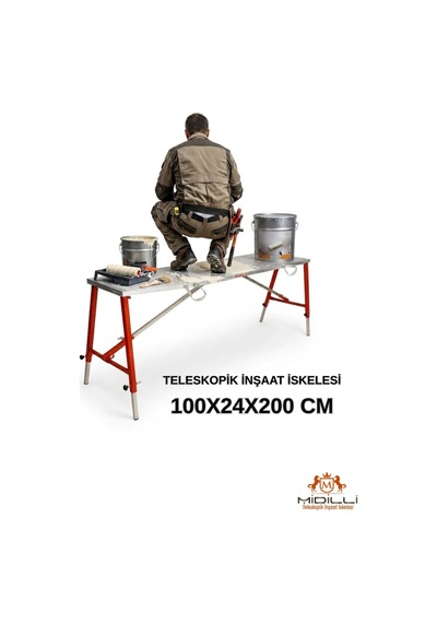 Alüminyum Gövdeli Çelik Ayaklı Teleskopik Katlanır İnşaat İskelesi - 400 Kg Taşıma Kapasitesi 100x24x200cm