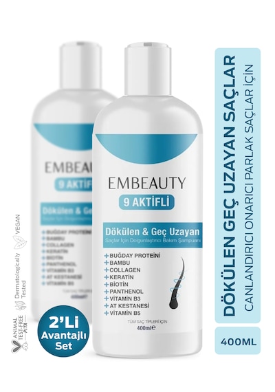 Embeauty Kolajen & Keratin Saç Dökülmesine Karşı Hızlı Saç Uzatan Dolgunlaştırıcı ve Besleyici Şampuan 2 x 400 ML Embeauty Kolajen & Keratin Saç Dökülmesine Karşı Hızlı Saç Uzatan Dolgunlaştırıcı ve Besleyici Şampuan 2 x 400 ML
