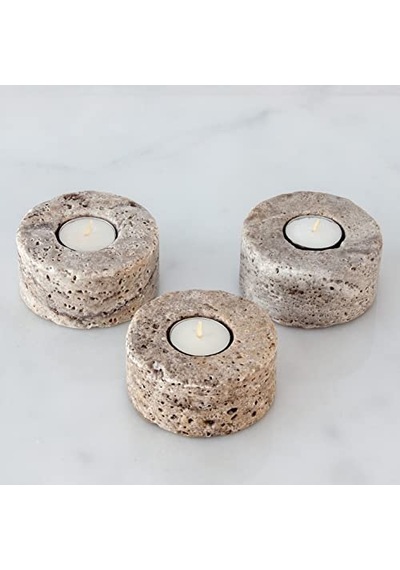 Traverten Mermer Şamdan Mumluk 3lü Set Silver Dark Çok Renkli