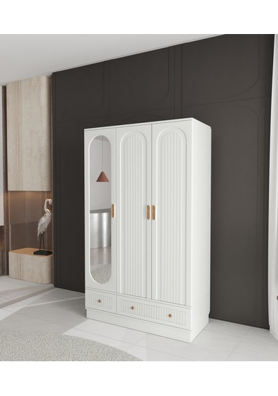 Mila 3 Kapaklı Çekmeceli Bazalı Gardırop - Tamamı Mdf Beyaz