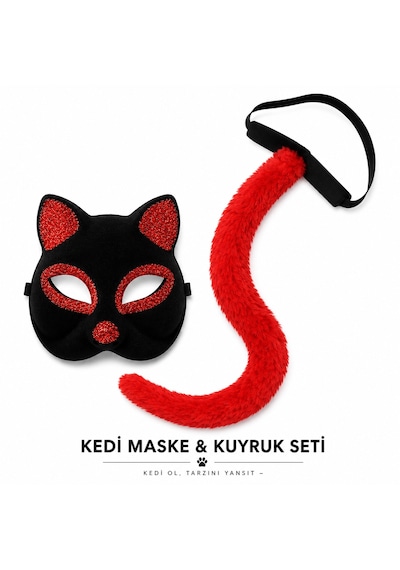 Kırmızı Kedi Maske Ve Kuyruk Seti Parti Kostüm Aksesuarı 5264 "