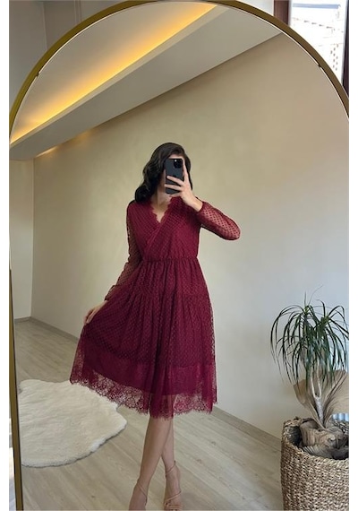 Neşeli Butik Kadın Kruvaze Yaka Dantelli Tül Elbise Nm010 Bordo