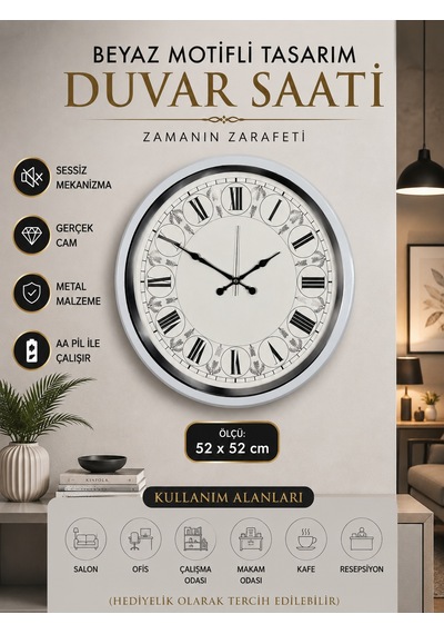 Beyaz Motifli Tasarım 52 Cm Metal Duvar Saati