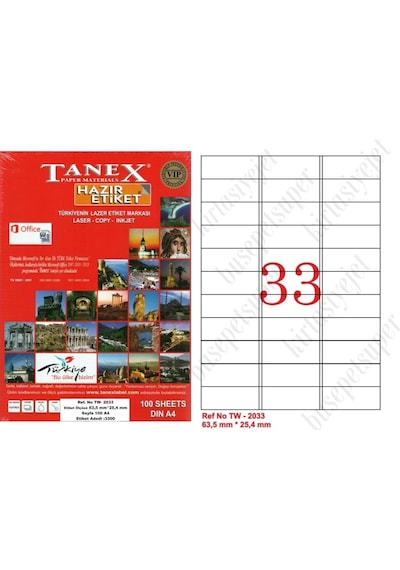 Tanex Tw-2033 Ebat 63 X 25 MM Lazer Etiket A4 Sayfada 33 Etiket