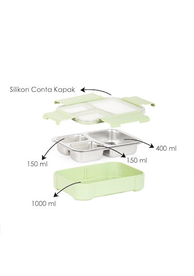 Porsima Bl25238 Isı Yalıtımlı Paslanmaz Çelik Sızdırmaz Silikon Kapak 3 Bölmeli Vakumlu Yemek Termosu Beslenme Kutusu Taşınabilir Lunch Box Sefer Tası Yeşil