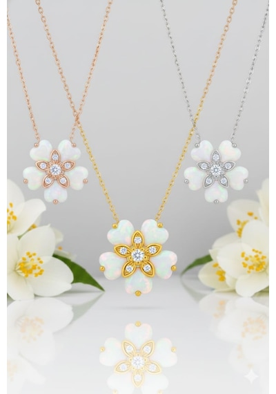 925 Ayar Papatya Silver Beyaz Kalp Opal Yasemin Çiçeği Kolye.rose.gold.rodaj Gümüş