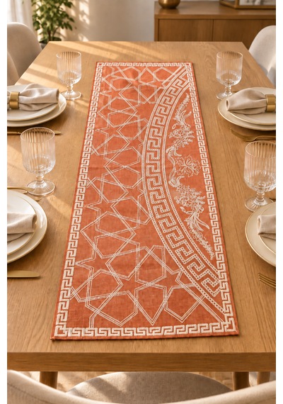 Nakışlı Geometrik Desenli Dekoratif Runner Masa Örtüsü 45x120 Cm Turuncu