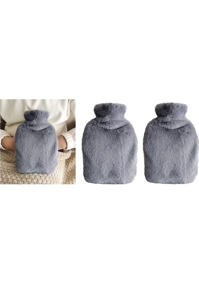 2 Adet Sıcak Su Torbası Yan Cepli Gri Peluş Termofor 27x17x2cm 1 Litre Koyu Gri