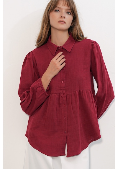 Bigdart Kadın Dokulu Oversize Keten Gömlek 20381 - Bordo