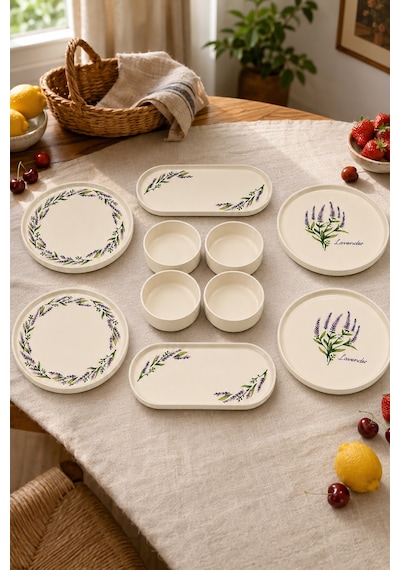 Lavanta 10 Parça 4 Kişilik Handmade Stackable Seramik Tabak Seti Premium Sunum & Kahvaltı Takımı Beyaz