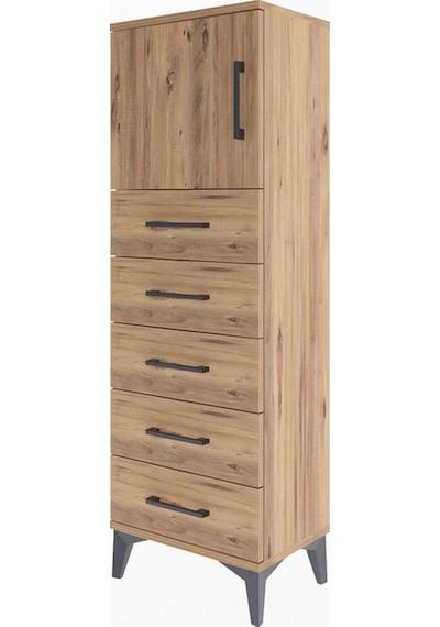 Arges Dolap Tek Raflı 5 Çekmeceli Tek Kapaklı 44x30x134 Çam-çam Çam
