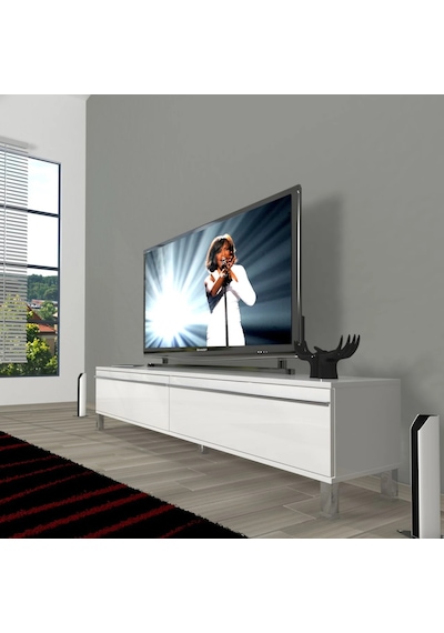 Decoraktiv Eko 140t Mdf Krom Ayaklı Tv Ünitesi Tv Sehpası - Parlak Beyaz Parlak Beyaz