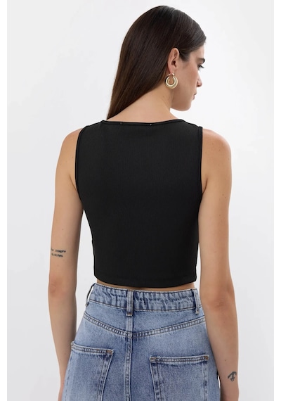 Hiccup Düz Renkli Fitilli Ön Kıvrık Crop Top Siyah