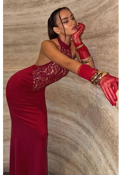 Poliana Dantel Gece Elbisesi - Bordo Bordo