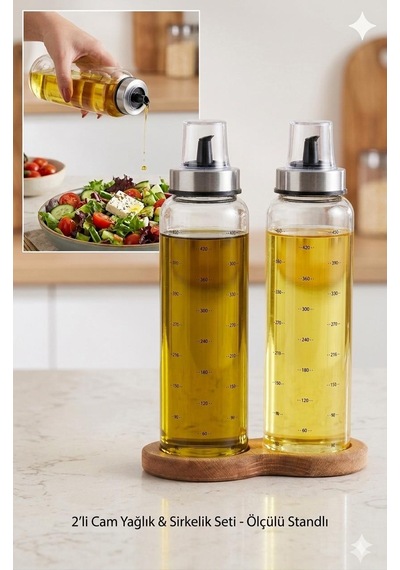 Ahşap Standlı Cam Yağdanlık Seti Damlatmaz Kapak 500 Ml 2 Li Set Şeffaf
