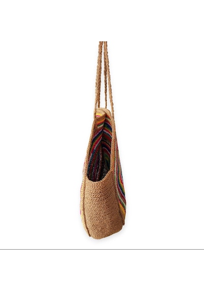 Kemzey Handmade Yuvarlak Xxl Çizgili Tote , Kağıt İp El Yapımı Renkli Çanta Çok Renkli Sarı