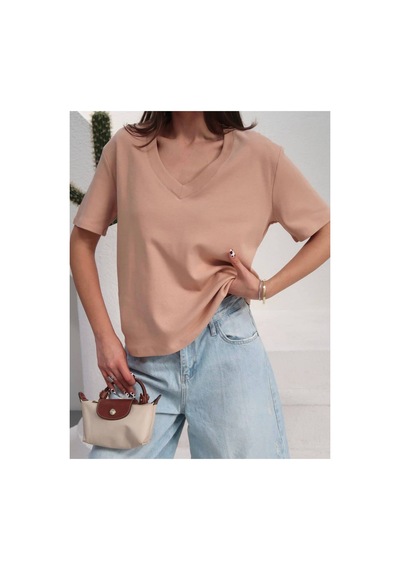 Paw Garage Kadın Massi İnterlok Kumaş V Yaka Oversize T-shirt Somon