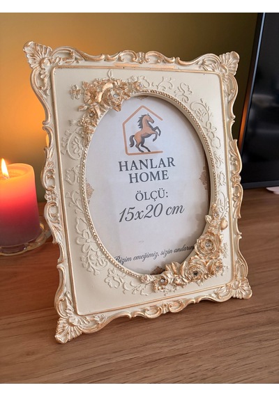 Güllü Barok Dikdörtgen Fotoğraf Çerçevesi Krem & Eskitme Altın 15x20 Cm