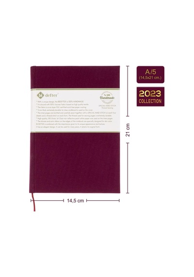 Bidefter Müzik Nota Defteri - Sol Anahtarlı 4 Kesik Çizgi % 100 El Yapımı, El Dikişi, Kumaş Ciltleme A/5 - Bord