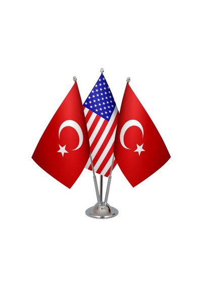 Masa Üstü Amerika Bayrağı Türk Bayrağı Üçlü Krom Direk Masa Bayra