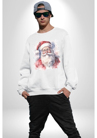 Mutlu Noel Baba Yeni Yıl Tasarımı Unisex Beyaz Baskılı Sweatshirt Beyaz