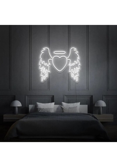 Kanatlı Kalp Şekilli Neon Tabela Beyaz