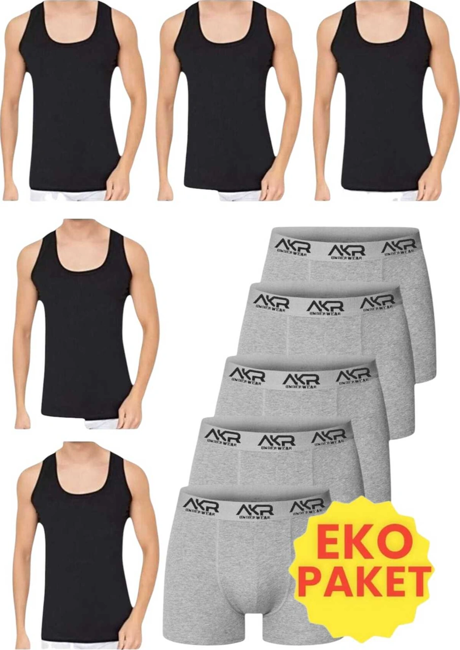 Tezzgelsin Erkek 10'lu Atlet Ve Boxer Takımı Ekonomik Paket Atlet Ve Boxer Set 5 Atlet 5 Boxer Siyah - Gri