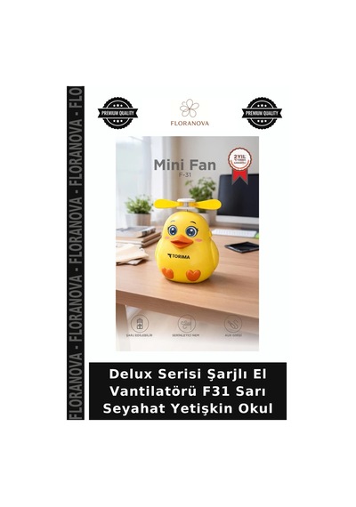 Delux Serisi Şarjlı El Vantilatörü F31 Sarı Seyahat Yetişkin Okul