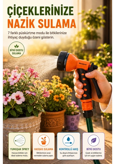 7 Fonksiyonlu Bahçe Sulama Tabancası Ayarlanabilir Su Püskürtme Başlığı Ergonomik Tutuşlu