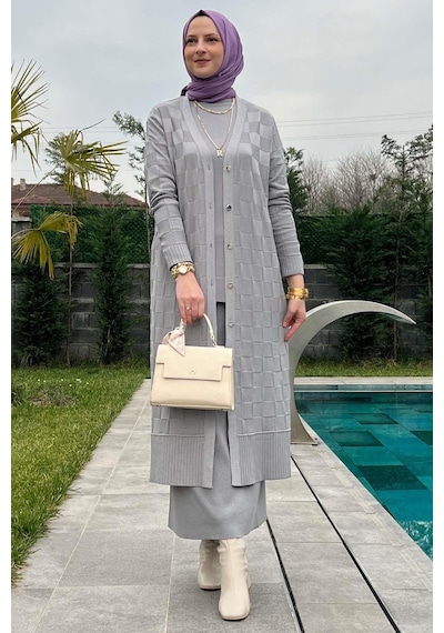 Rabia Şamlı Dama Desenli Gri Triko Hırka Çok Renkli