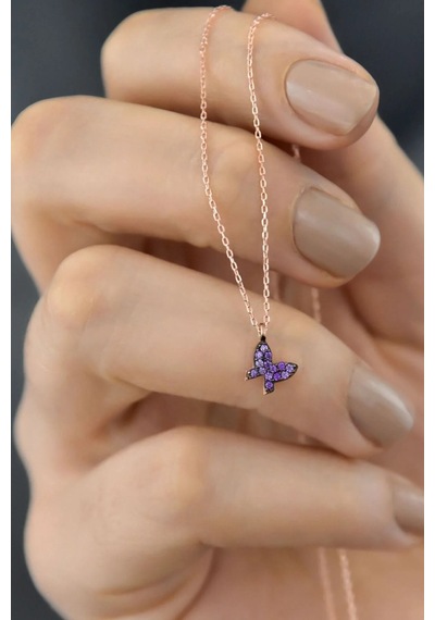 925 Ayar Papatya Silver Doğum Taşlı Mini Kelebek Kolye.rose.gold.rodaj Gümüş