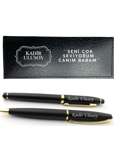 Kişiye Özel İsim Yazılı Deri Kutulu İkili Kalem Seti - Babalar Günü Hediyesi Siyah