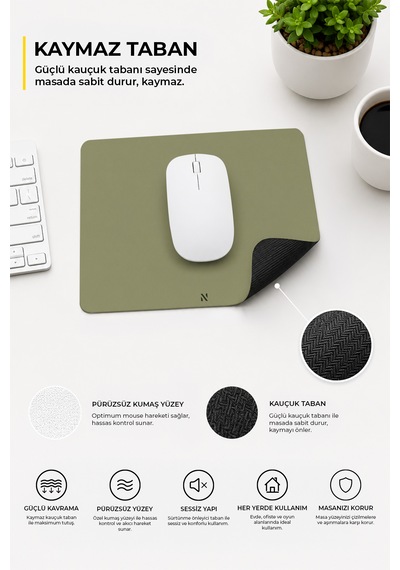 Haki Renkli Ergonomik Mouse Pad, Kaymaz Yüzey İle Ev Ve Ofis Kullanımı İçin İdeal