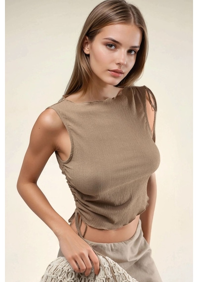 Hiccup Drapeli Detaylı Dokulu Kayık Yaka Crop Top Deve Kahvesi
