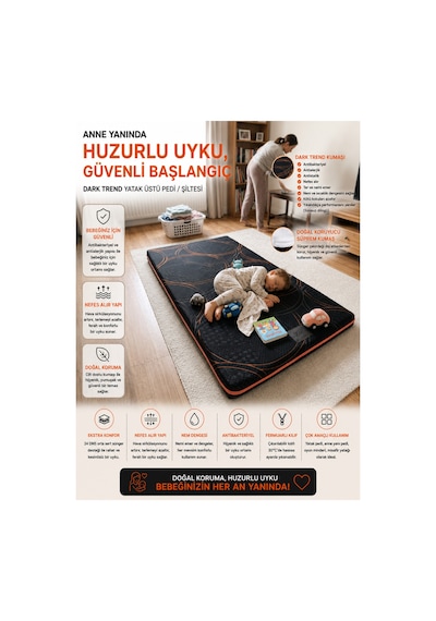 Dark Trend Sleep Yıkanabilir Kılıf Orta Sert Sünger Yatak Pedi & Şiltesi Topper 5 Cm Turuncu Şeritli Siyah