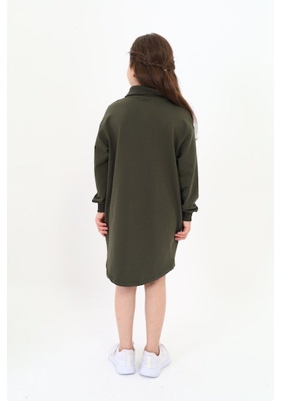 Kız Çocuk Baskılı Oversize Polo Yaka Uzun Kollu Elbise Haki