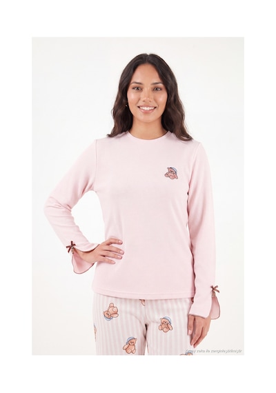 Lela Ayıcık Desenli Lastikli Bel Uzun Kollu Yumuşak Dokulu Pijama Takımı Kadın Pijama Takımı 6575023 Pembe