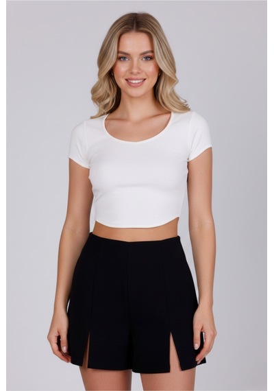 Zedefx Kadın U Yaka Pamuklu Basic T-shirt Beyaz