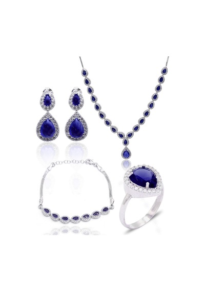Safir Taşlı Damla Model 925 Ayar Gümüş Kadın Dörtlü Set 201025663