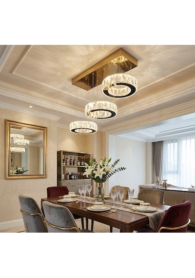 Alalighting 3'lü Sıralı Gold Kristal Avize Dimmerli Kumanda Altın - Gold