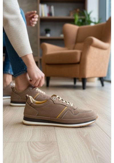 Enoch Hakiki Deri Sarılı Detaylı Erkek Sneaker Ayakkabı Ortopedik Taban Vizon